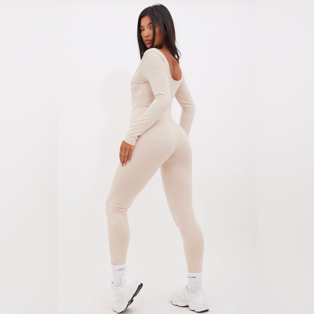 Stone Contrast Rib Panel Long Sleeve Jumpsuit - Picture 5 of 6